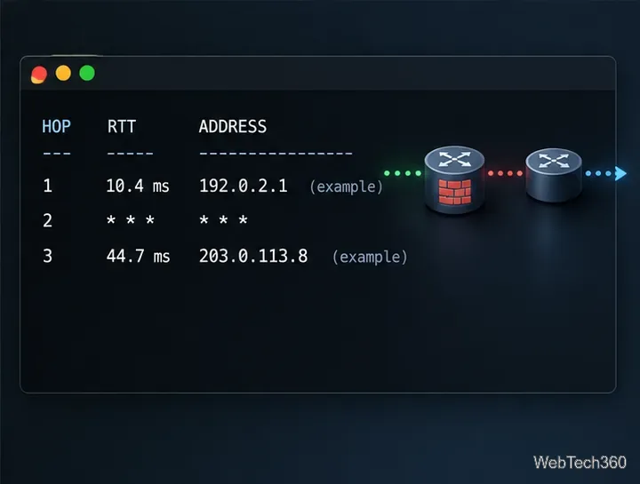 Um exemplo de saída do traceroute mostra um salto intermediário silencioso marcado com asteriscos e um salto posterior com resposta.