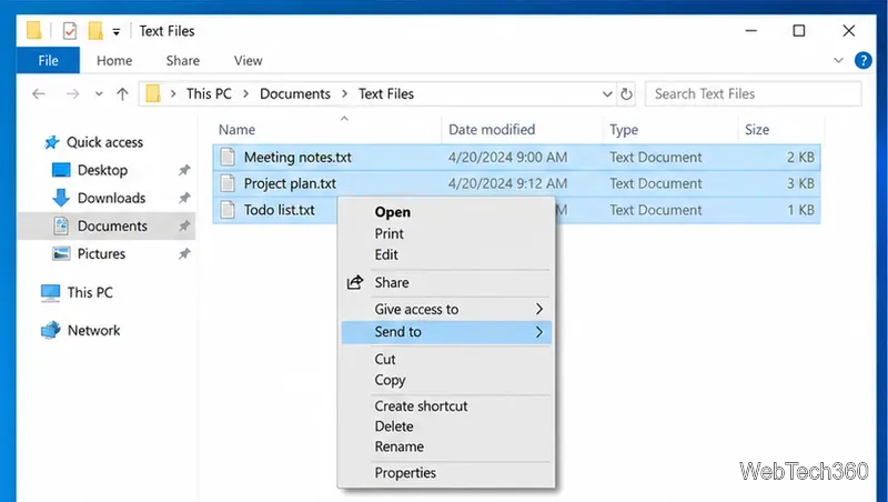 В проводнике Windows 10 выделены три текстовых файла, а команда «Отправить» подсвечена.