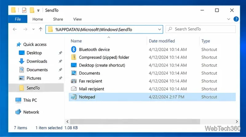 В проводнике Windows 10 отображается папка SendTo с ярлыком Блокнота.