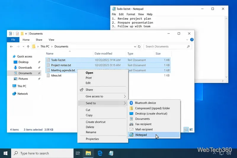В Windows 10 выберите пункт «Отправить в подменю» в Блокноте для нескольких выделенных текстовых файлов.