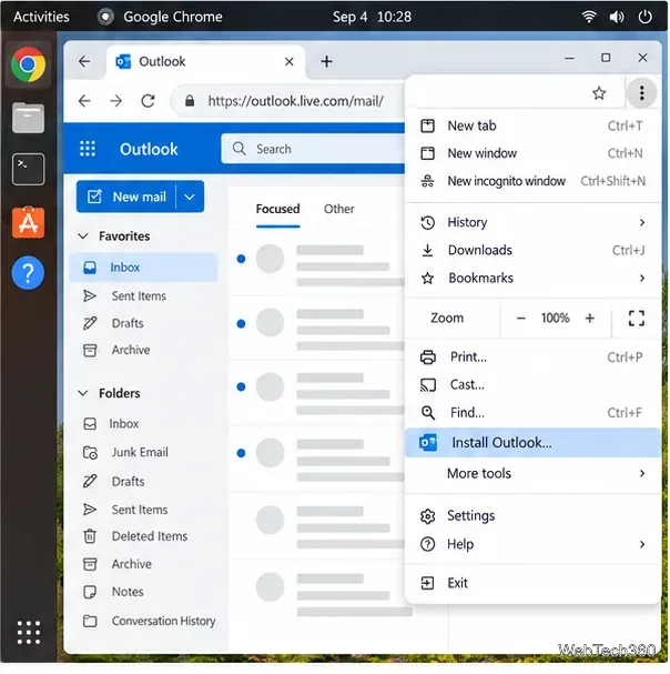 Chrome sous Linux avec Outlook ouvert et le menu du navigateur développé jusqu'à la commande « Installer Outlook » mise en surbrillance.