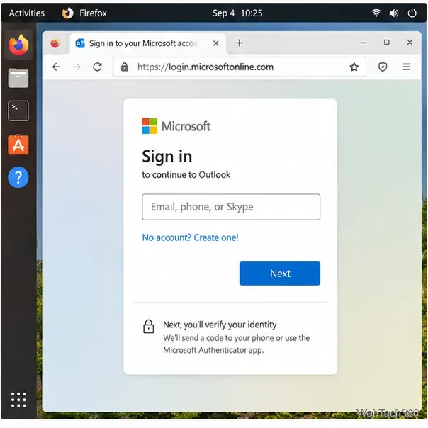 Page de connexion Microsoft dans Firefox sous Linux avec un champ email vide et un bouton Suivant ; aucun détail de compte n'est affiché.