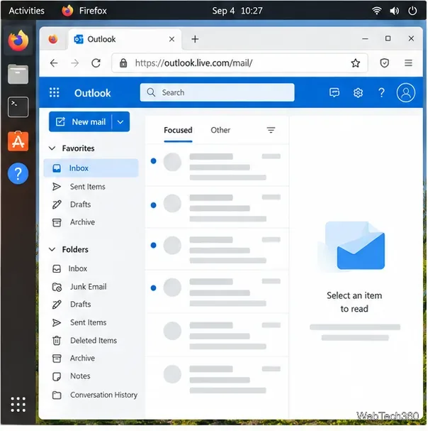 Boîte de réception web Outlook sous Linux affichant le bouton Nouveau message, la barre latérale des dossiers, la liste des messages et un volet de lecture vide.