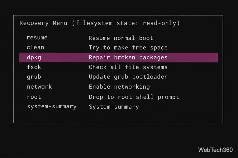 Ubuntu Recovery Menu with the dpkg option highlighted