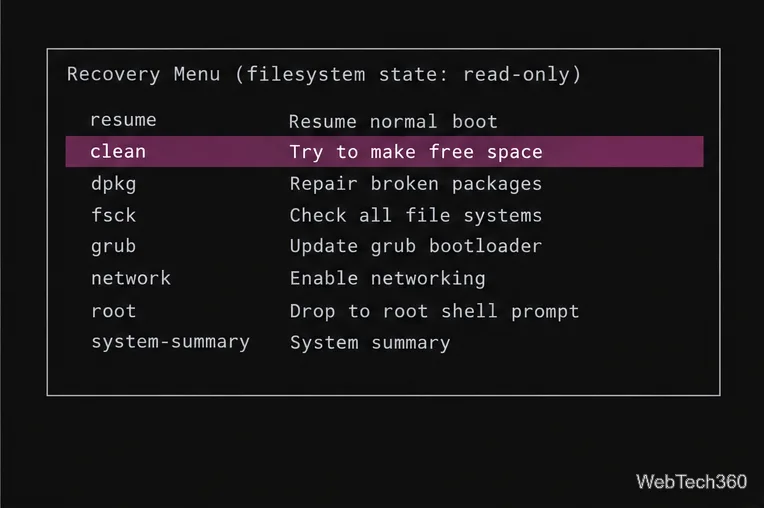 Ubuntu Recovery Menu with the clean option highlighted