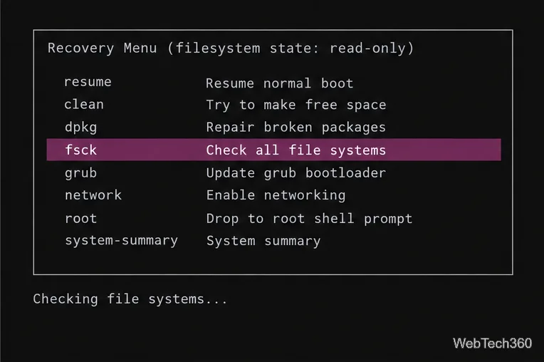 Ubuntu Recovery Menu with the fsck option highlighted and a filesystem check status line