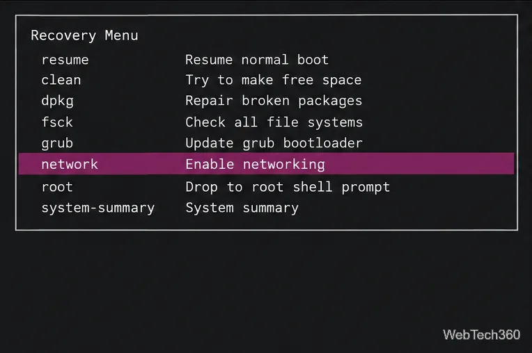 Ubuntu Recovery Menu with the network option highlighted