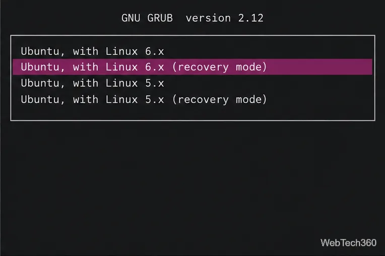 GRUB advanced options with an Ubuntu kernel recovery mode entry highlighted
