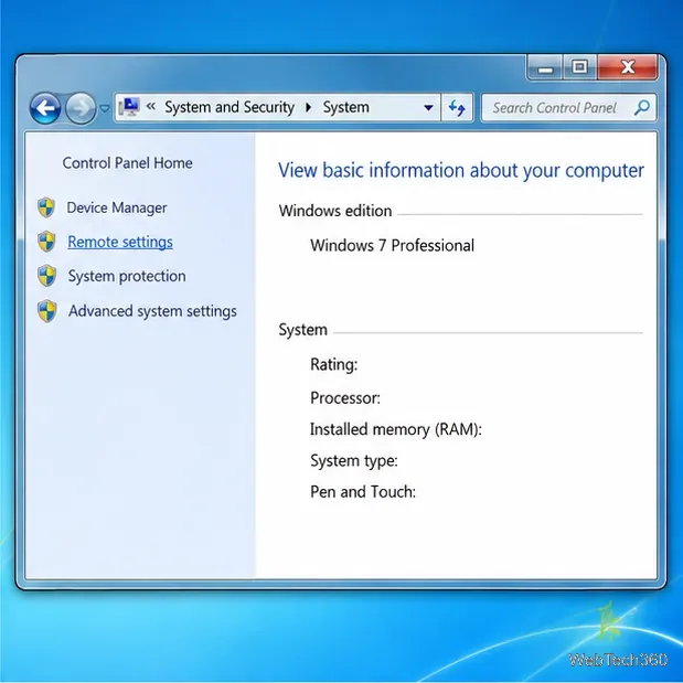 Pagina de sistem Windows 7 care afișează ediția Professional și linkul Setări la distanță