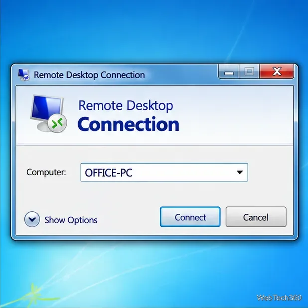 Fereastra Conexiune Desktop la distanță cu OFFICE-PC în câmpul Computer și opțiunea Conectare disponibilă