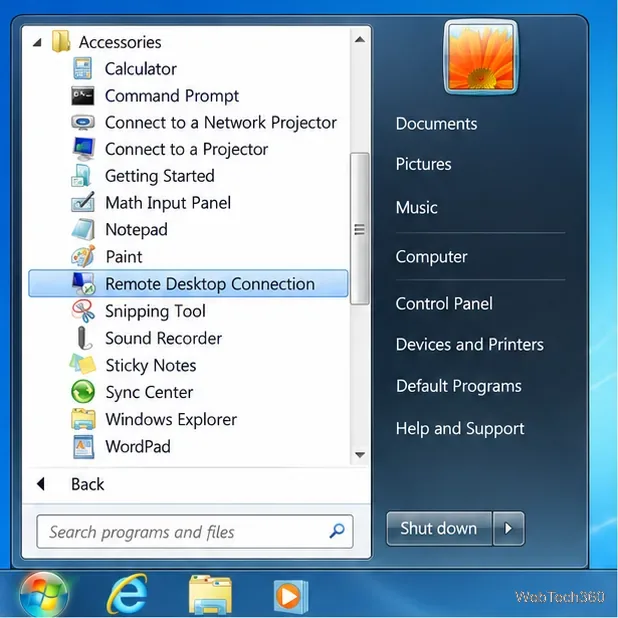 Lista de accesorii Windows 7 cu opțiunea Conexiune Desktop la distanță evidențiată