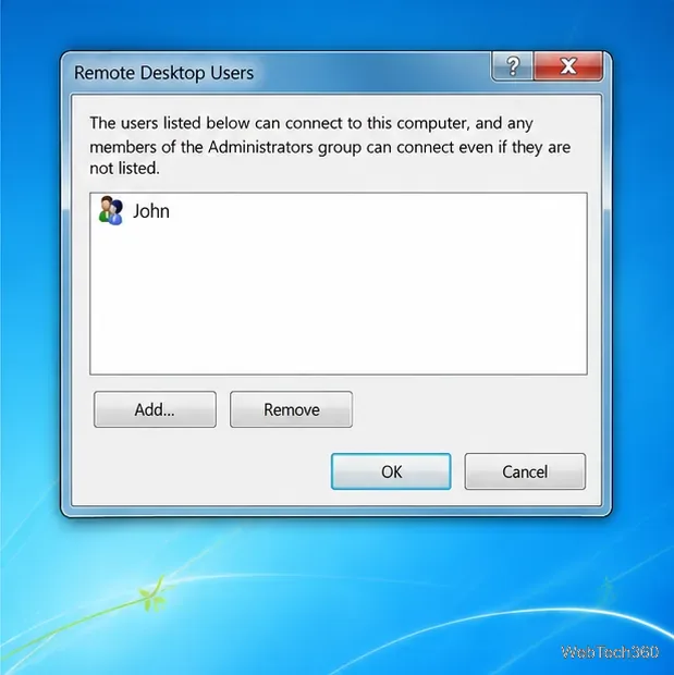 Caseta de dialog Utilizatori Desktop la distanță Windows 7 cu un cont permis și butoanele Adăugare și Eliminare