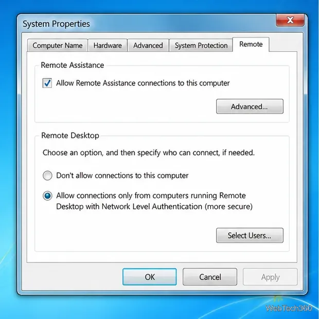 Fila Proprietăți de sistem Windows 7 Remote cu opțiunea Desktop la distanță protejat prin NLA selectată