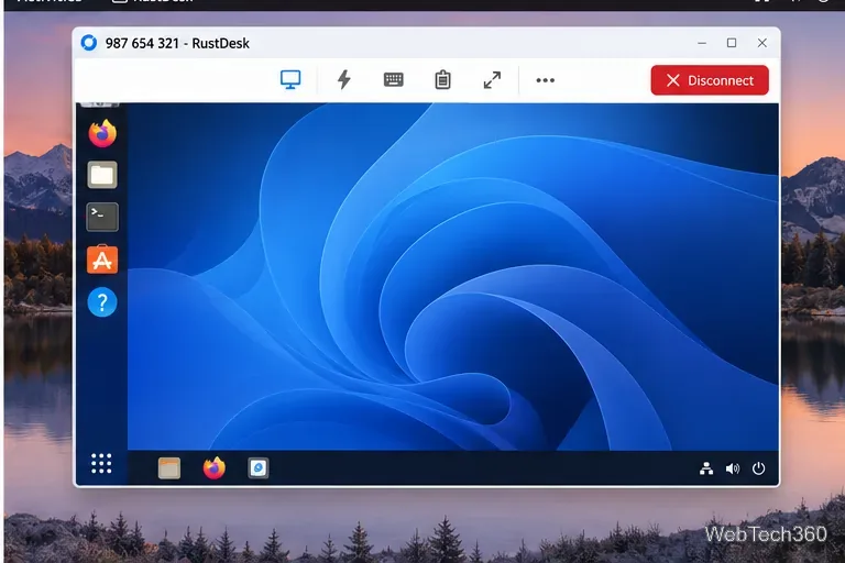 Active RustDesk remote desktop session with toolbar controls and a red Disconnect button