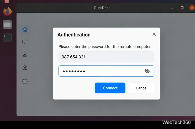RustDesk authentication dialog on Linux asking for the remote computer password