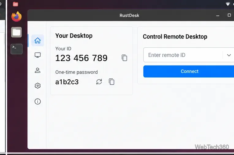 RustDesk home screen on Linux with Your ID, one-time password, remote ID field, and Connect button
