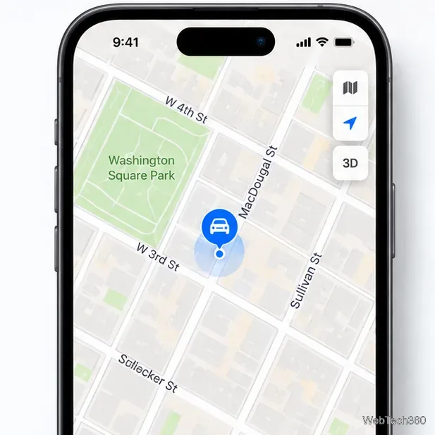 Карта, полученная с помощью iPhone, показывает отметку припаркованного автомобиля на карте близлежащей улицы.