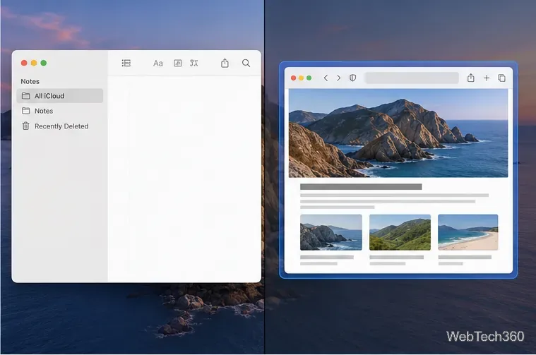 Macのデスクトップ画面の左半分にはメモウィンドウが表示され、右半分にはSafariウィンドウが表示されます。