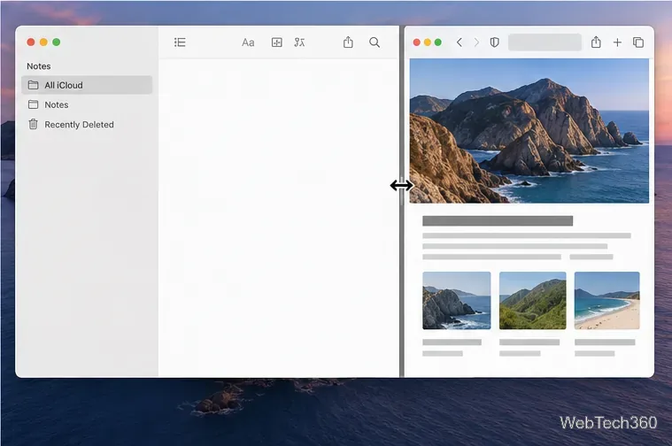 中央の区切り線と水平方向のサイズ変更カーソルが表示された、Macの2画面分割ビュー。