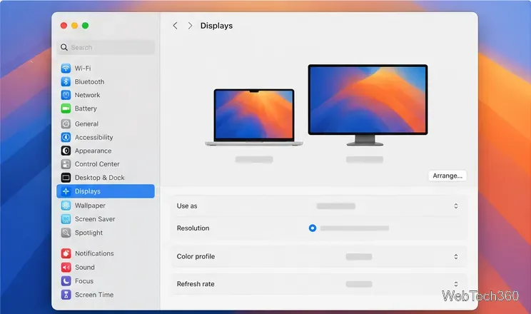 Macのシステム設定画面のディスプレイパネルに、ノートパソコンのディスプレイと外部モニターが並べて表示されている。