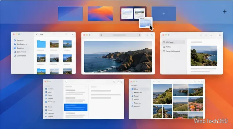 Mission Controlには、開いているMacのウィンドウとデスクトップスペースが表示され、ウィンドウがスペースのサムネイルに向かってドラッグされている様子が確認できます。