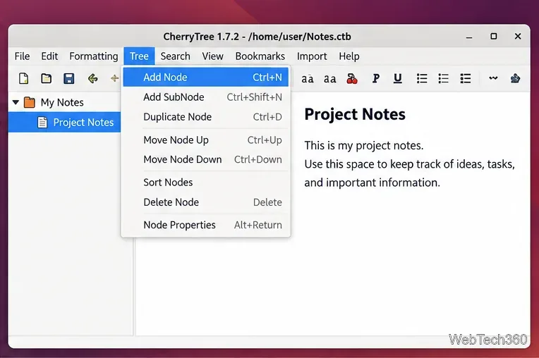 CherryTree 1.7.2 ツリーメニューに「ノードの追加」と「サブノードの追加」コマンドが表示されています。