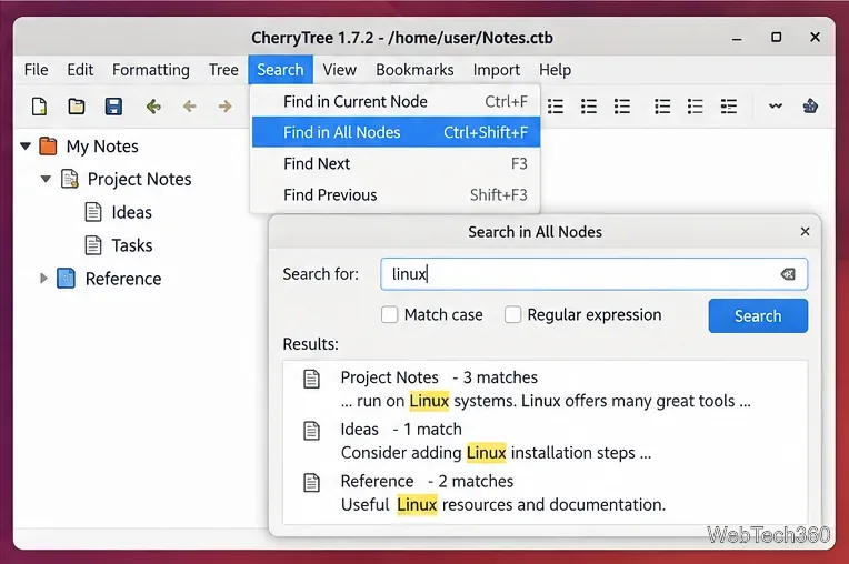 CherryTreeの検索メニューと、一致する結果を表示する「すべてのノードを検索」ダイアログ