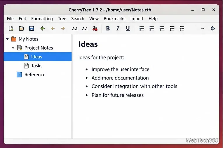 CherryTreeのノートツリーには、リッチテキストノートの横にアイデアとタスクのサブノードを含むプロジェクトノートが表示されます。