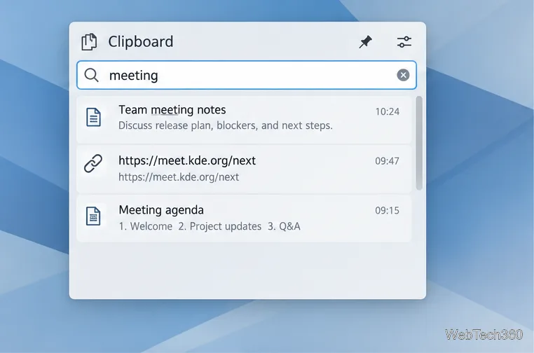 Typing “meeting” in the Klipper search field filters the clipboard history to matching entries.