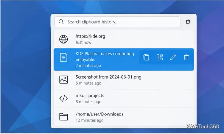 Hovering over a clipboard entry reveals controls for actions, showing a barcode, editing, and removing it.