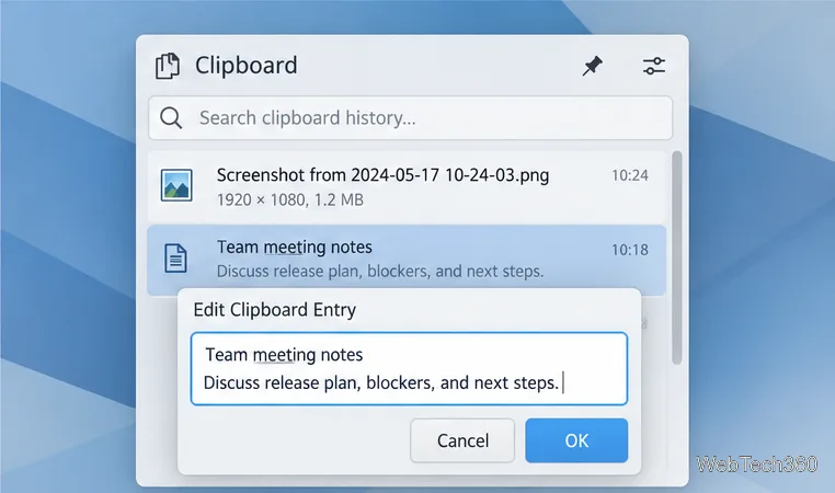 The Edit Clipboard Entry dialog lets you change the saved text before confirming with OK.