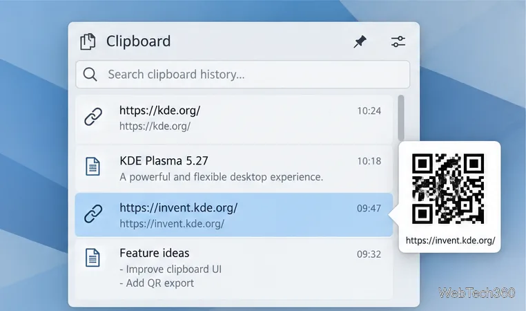 Klipper displays a barcode preview for a selected clipboard item, here a web address.