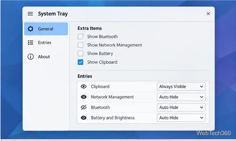 The System Tray settings show Clipboard enabled under Extra Items and its visibility set to Always Visible.