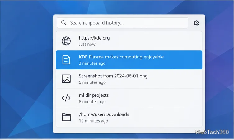 Klipper’s clipboard history popup lists copied links, text, screenshots, and file locations.