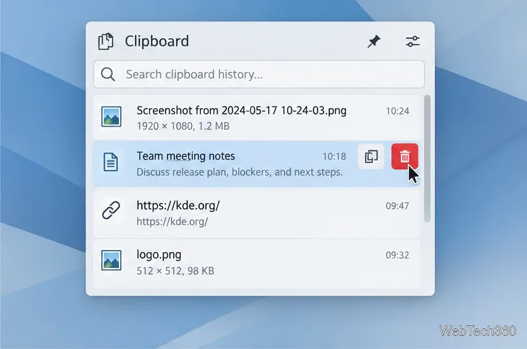 A selected clipboard entry exposes a trash button for removing that item from the history.