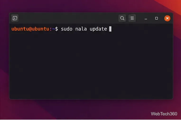 Terminal Ubuntu affichant la commande sudo nala update.