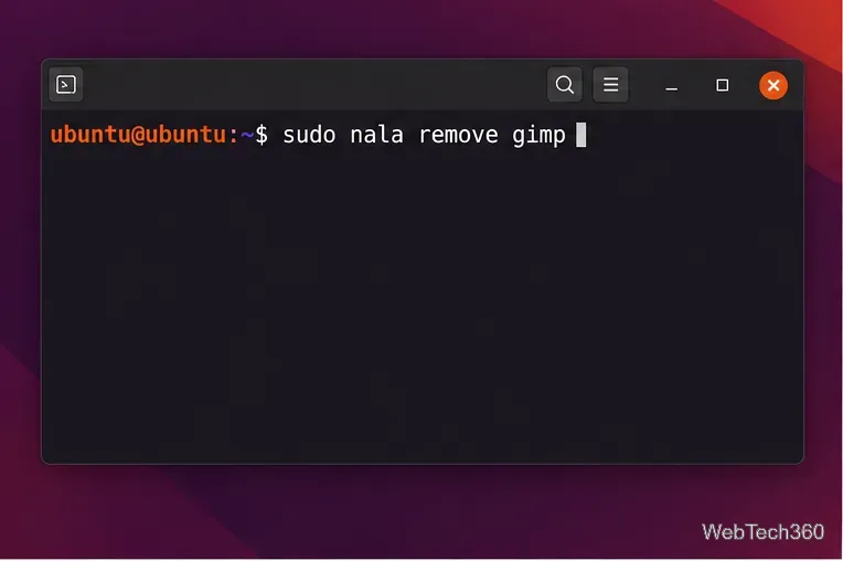 Terminal Ubuntu affichant la commande sudo nala remove gimp.