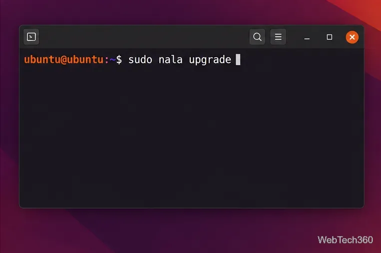 Terminal Ubuntu affichant la commande sudo nala upgrade.