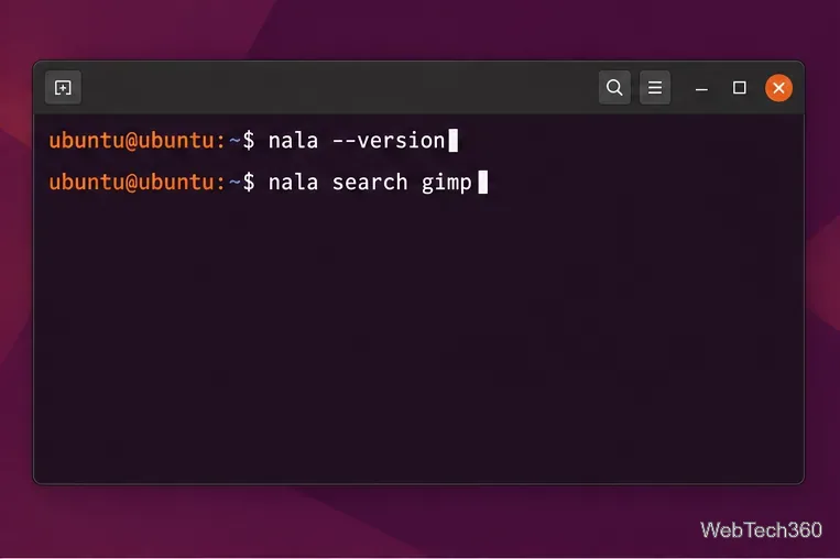Terminal Ubuntu affichant nala --version et nala search gimp.
