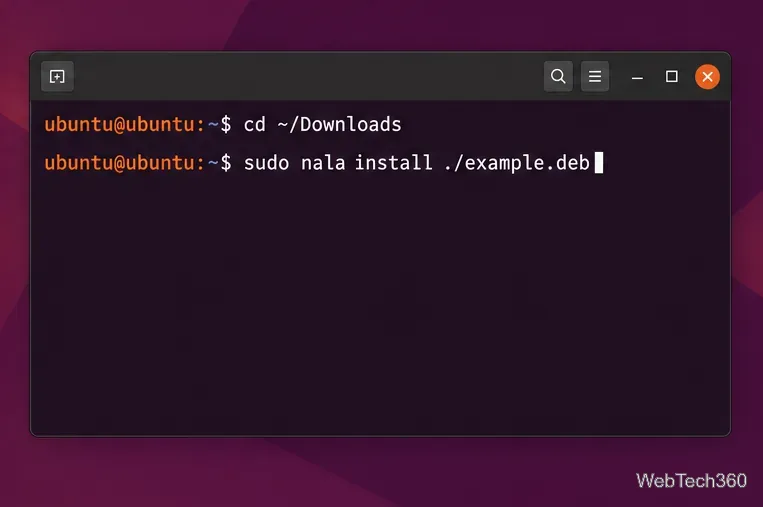Terminal Ubuntu dans le dossier Téléchargements affichant sudo nala install ./example.deb.