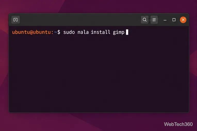 Terminal Ubuntu affichant la commande sudo nala install gimp.