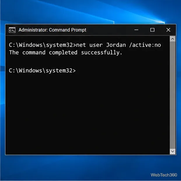 หน้าต่าง Command Prompt ของผู้ดูแลระบบแสดงคำสั่ง net user Jordan /active:no เสร็จสมบูรณ์แล้ว