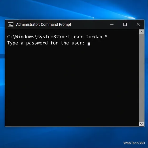 หน้าต่าง Command Prompt ของผู้ดูแลระบบขอรหัสผ่านสำหรับบัญชีท้องถิ่น Jordan