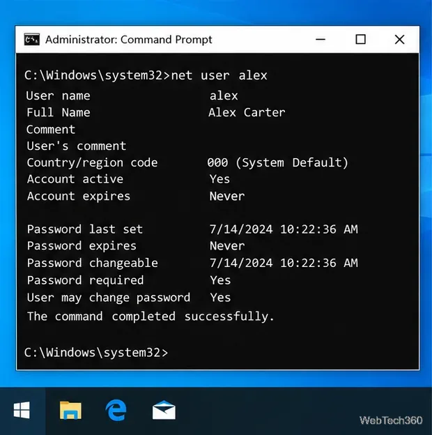 หน้าต่าง Command Prompt ของผู้ดูแลระบบแสดงรายละเอียดสำหรับบัญชีผู้ใช้ภายในเครื่องสมมติชื่อ alex