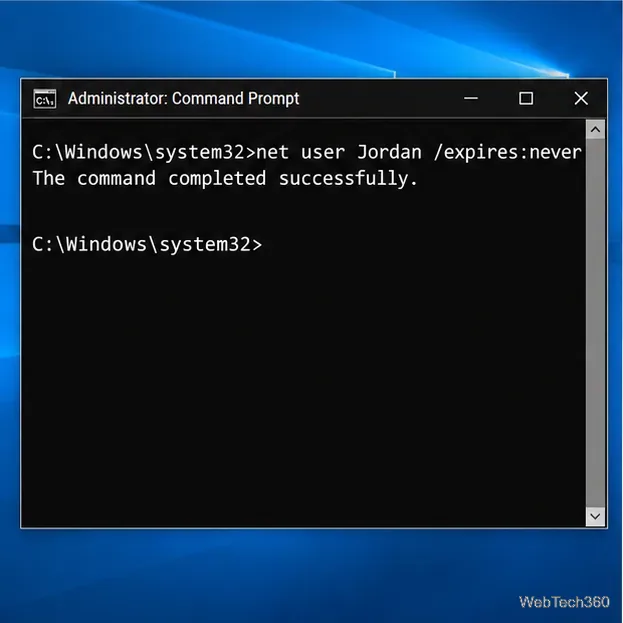 หน้าต่าง Command Prompt ของผู้ดูแลระบบแสดงว่าคำสั่ง net user Jordan /expires:never เสร็จสมบูรณ์แล้ว