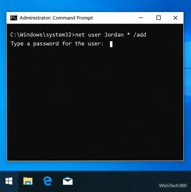 หน้าต่าง Command Prompt ของผู้ดูแลระบบแสดงข้อความ net user Jordan * /add และข้อความแจ้งให้ป้อนรหัสผ่านที่ซ่อนอยู่