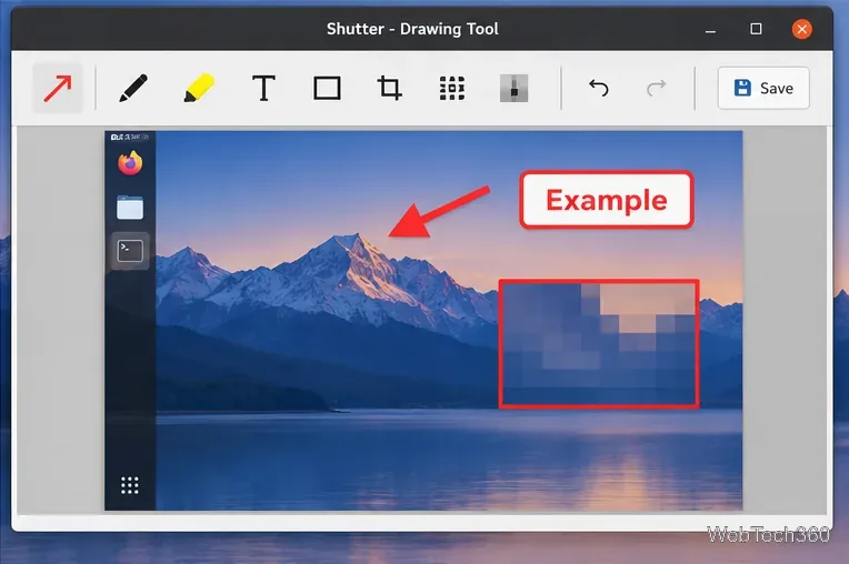 Herramienta de dibujo Shutter en Linux con controles visibles para flechas, texto, formas, recorte, pixelado, deshacer y guardar.