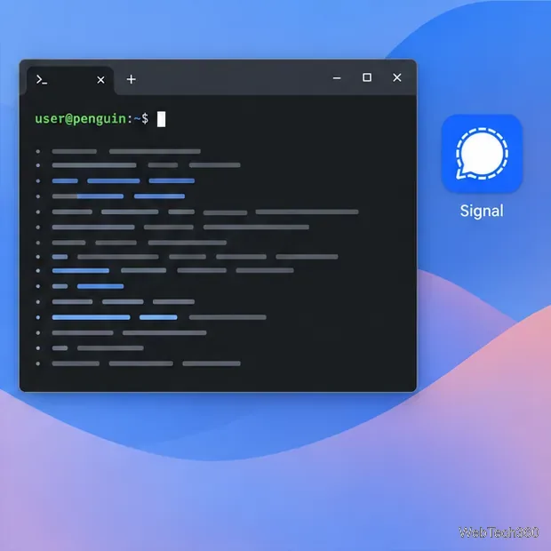 Chromebook上のSignalデスクトップアイコンの横に表示されたDebian Linuxのターミナルウィンドウ。