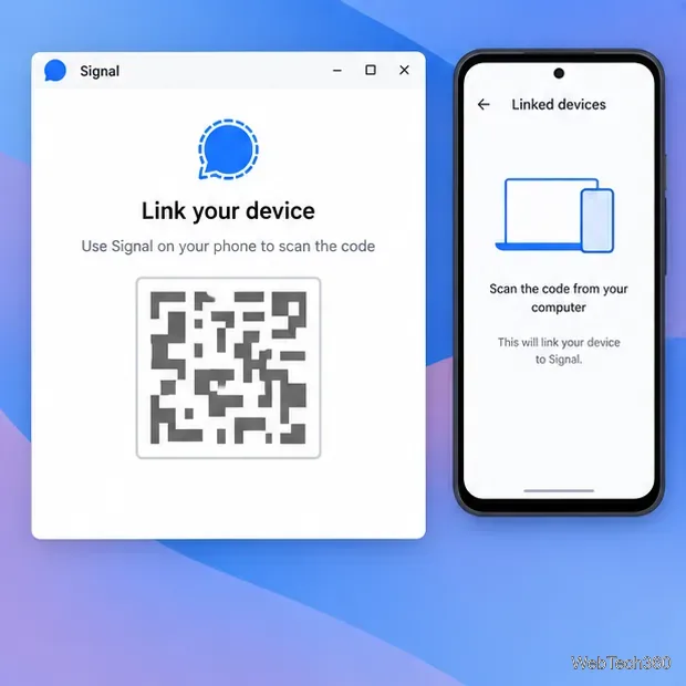 Signal Desktopのリンク画面が、リンクされたデバイスのスキャナを表示しているスマートフォンの横に表示される。