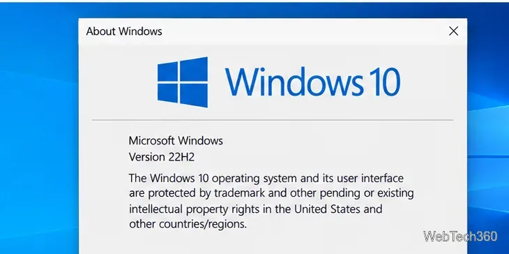 Windows 10 バージョン 22H2 を確認する「Windows について」ダイアログ